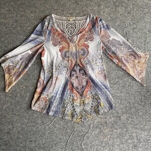 Boho Top petite med 3/4 Bell Sleeve‎ Back Applique Tie-Neck Coquette Fairycore